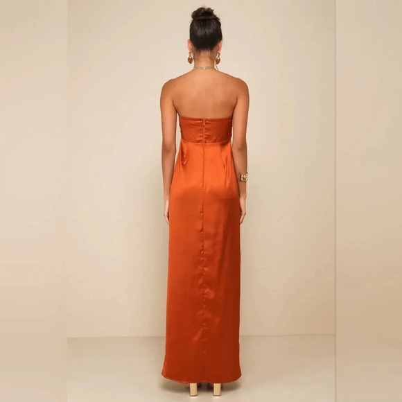 Lulus Memorable Entrance Rust Orange Strapless Satin Maxi Dress Wedding Party - Picture 5 of 9